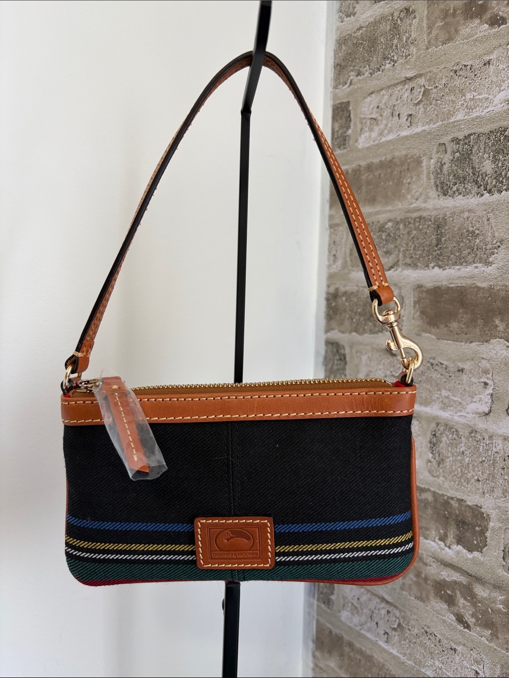 Dooney & Bourke Black Striped Canvas Wristlet with Tan Leather Trim NWOT